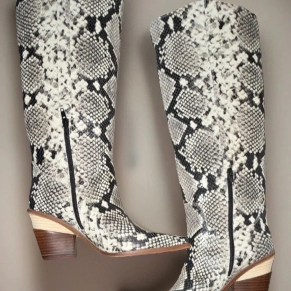 Gianni Bini Snake-Print Knee Boots in Black and Cream - Picture 3 of 4